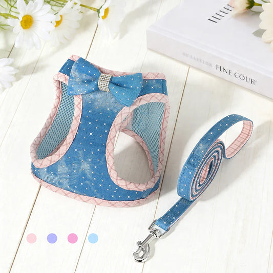 Denim Delight Mesh Harness & Leash Set - Fashionable Comfort for Small Breeds